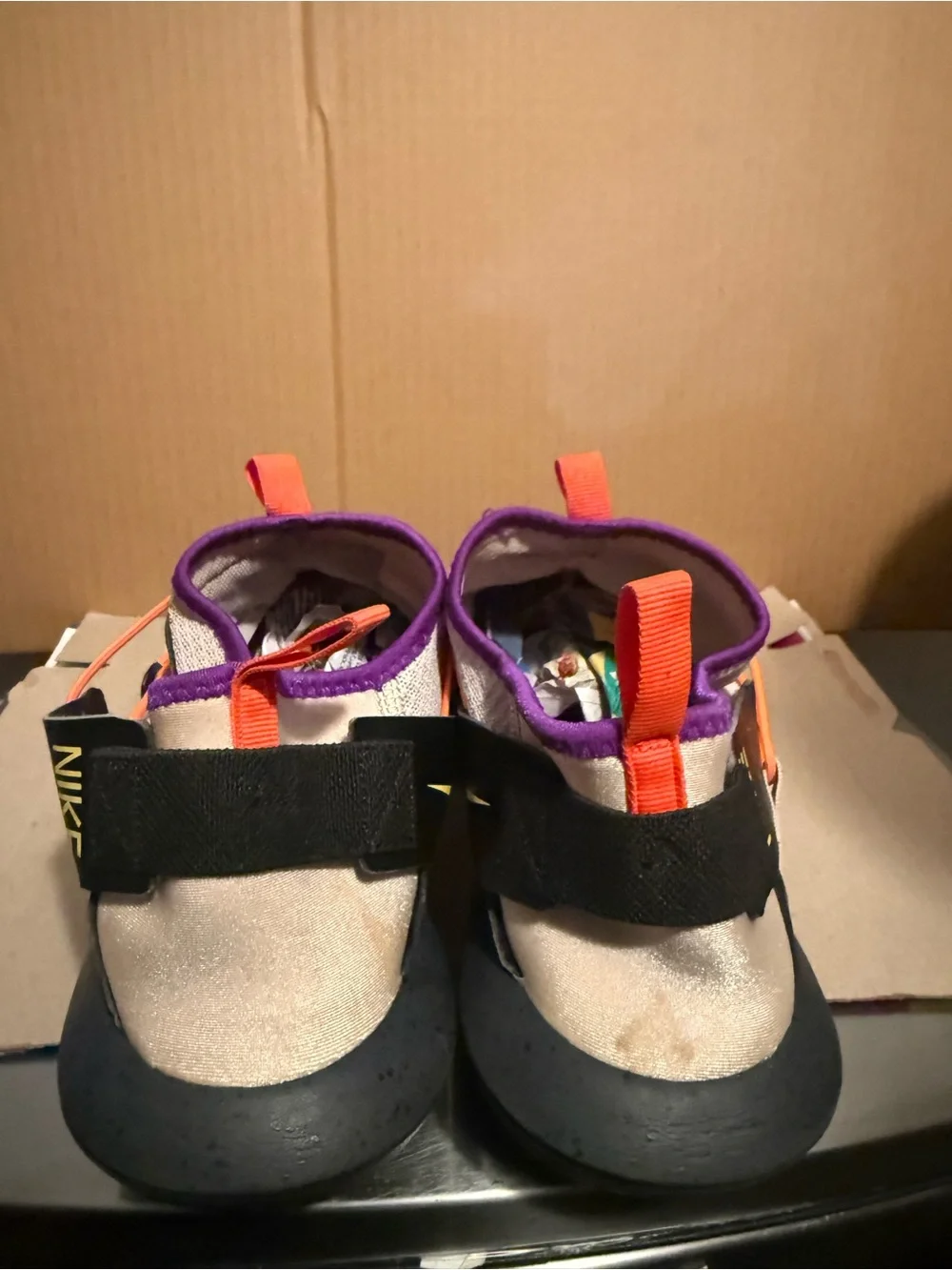 Nike Vortak men’s size 12 sneakers desert sand, orange and purple color-way